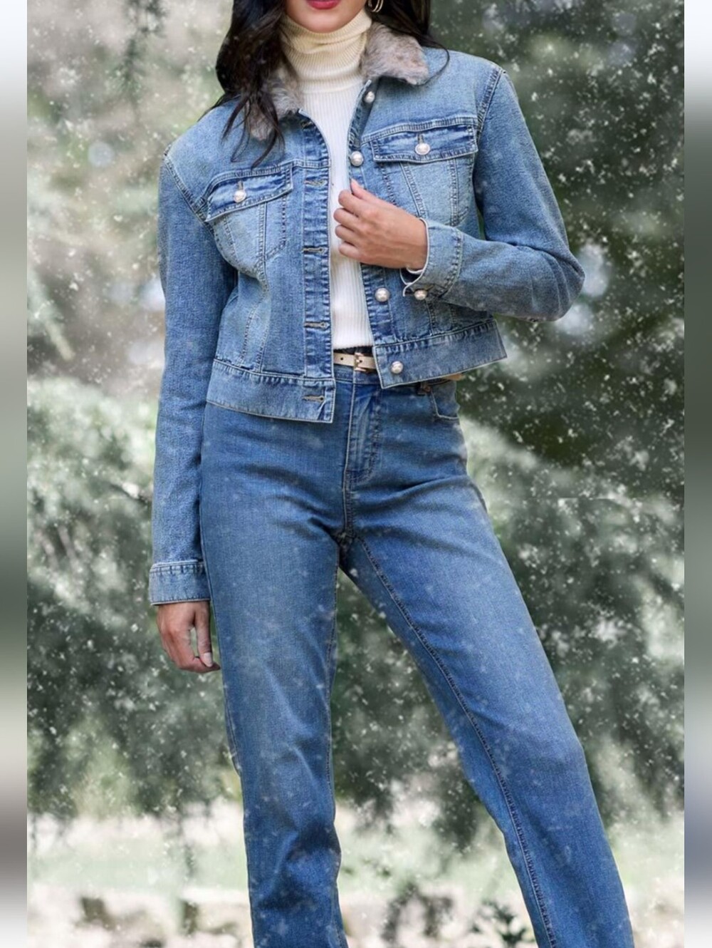 Denim Jean Jacket With Faux Fur Collar Denim - Blue